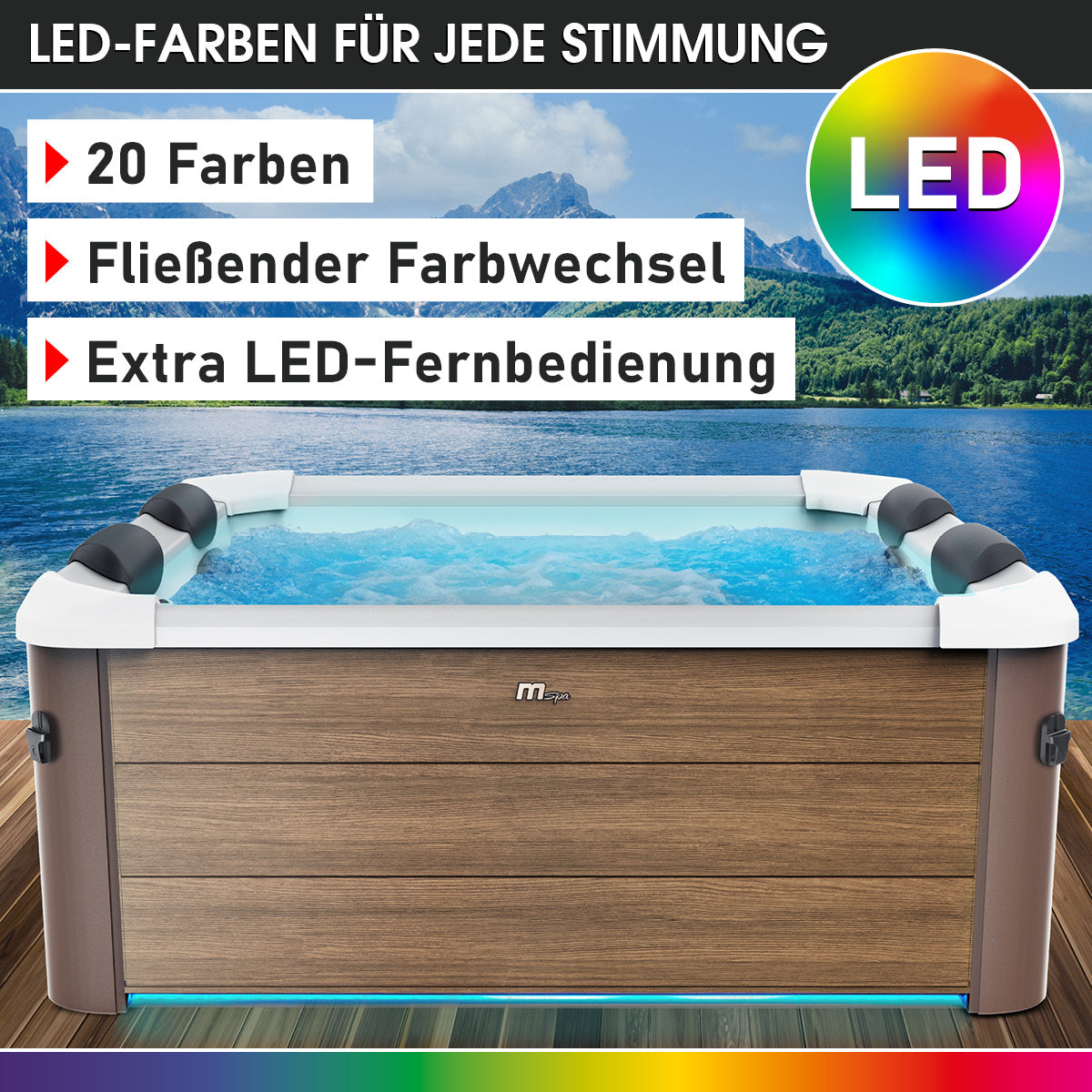 Aufblasbarer Aussenwhirlpool mit fester Außenwand in Holzoptik, LED-Beleuchtung, 6-Personen Whirlpool Garten Jacuzzi.