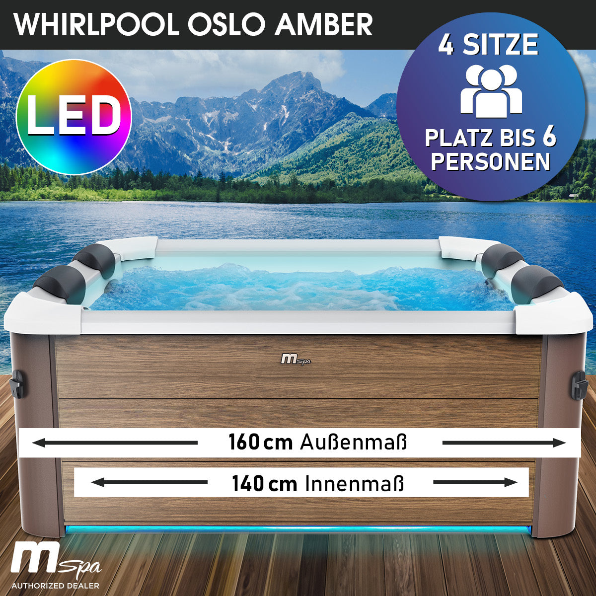6-Personen Whirlpool Outdoor mit fester Außenwand, rechteckig, LED-Beleuchtung, Garten Jacuzzi.