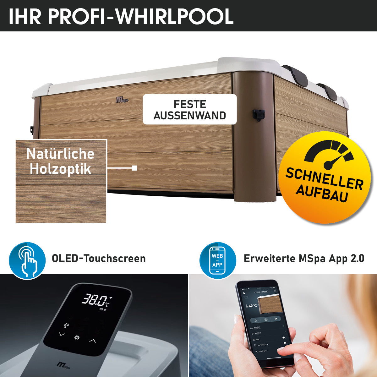 Whirlpool Outdoor 6 Personen mit fester Außenwand in Holzoptik, integriertes OLED-Touchscreen, Garten Jacuzzi mit LED,.