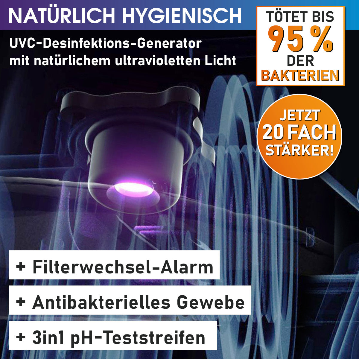 Whirlpool Outdoor mit UVC-Desinfektion, antibakteriellem Gewebe und Filterwechsel-Alarm, nächtliche LED-Beleuchtung.