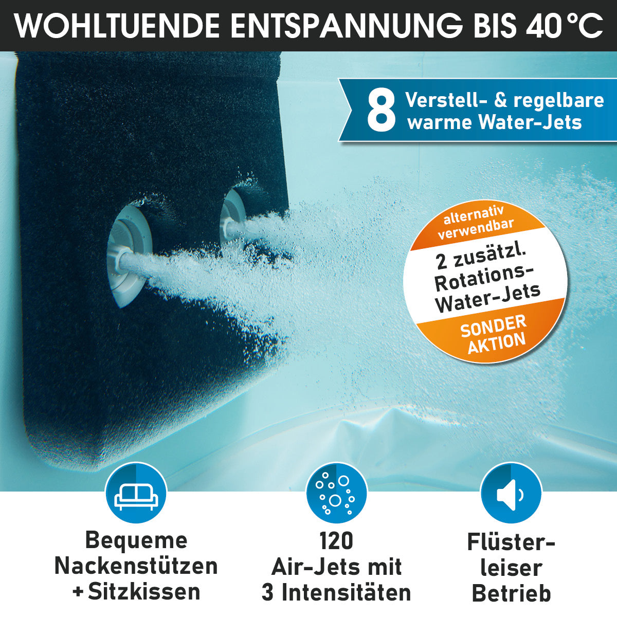 Schwarzer Whirlpool Outdoor mit fester Außenwand, verstellbare Wasserjets und Nackenstützen, 6 Personen Garten Jacuzzi,.