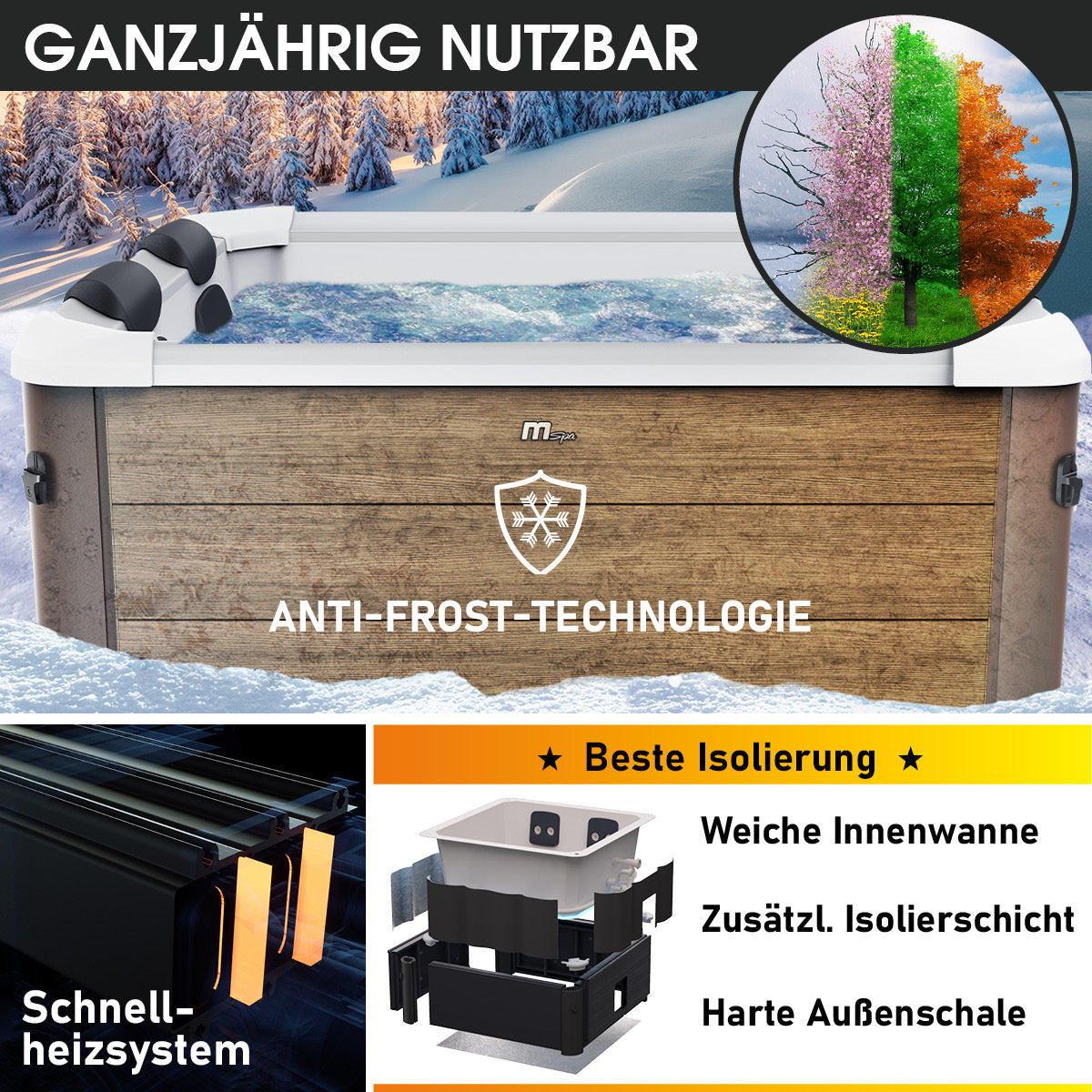 Eckiger Outdoor-Whirlpool mit fester Außenwand in Holzoptik, LED-Beleuchtung, 6-Personen-Garten-Jacuzzi, ganzjährig nutzbar, .