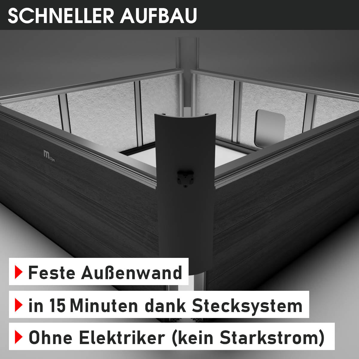 Eckiger Whirlpool in Holzoptik mit festen Außenwänden und Stecksystem für bis zu 6 Personen, LED-Beleuchtung.