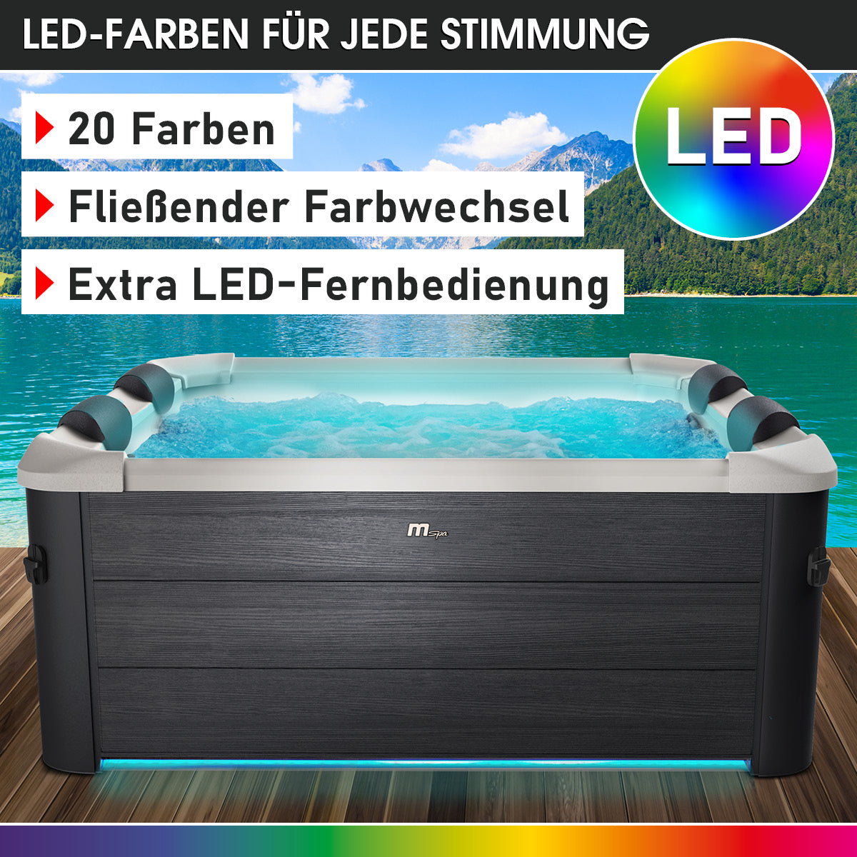Eckiger schwarzer Whirlpool für 6 Personen mit blauer LED-Beleuchtung und grauen Kopfstützen.