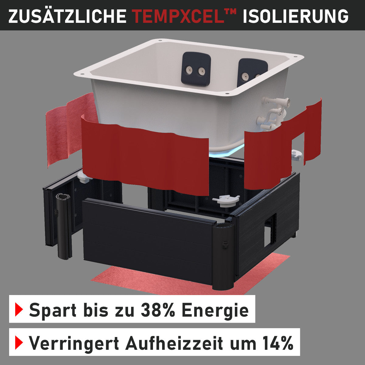 Weiße rechteckige Whirlpoolwanne mit schwarzer Basis und roter TempXcel™ Isolierung, 6-Personen-Größe.