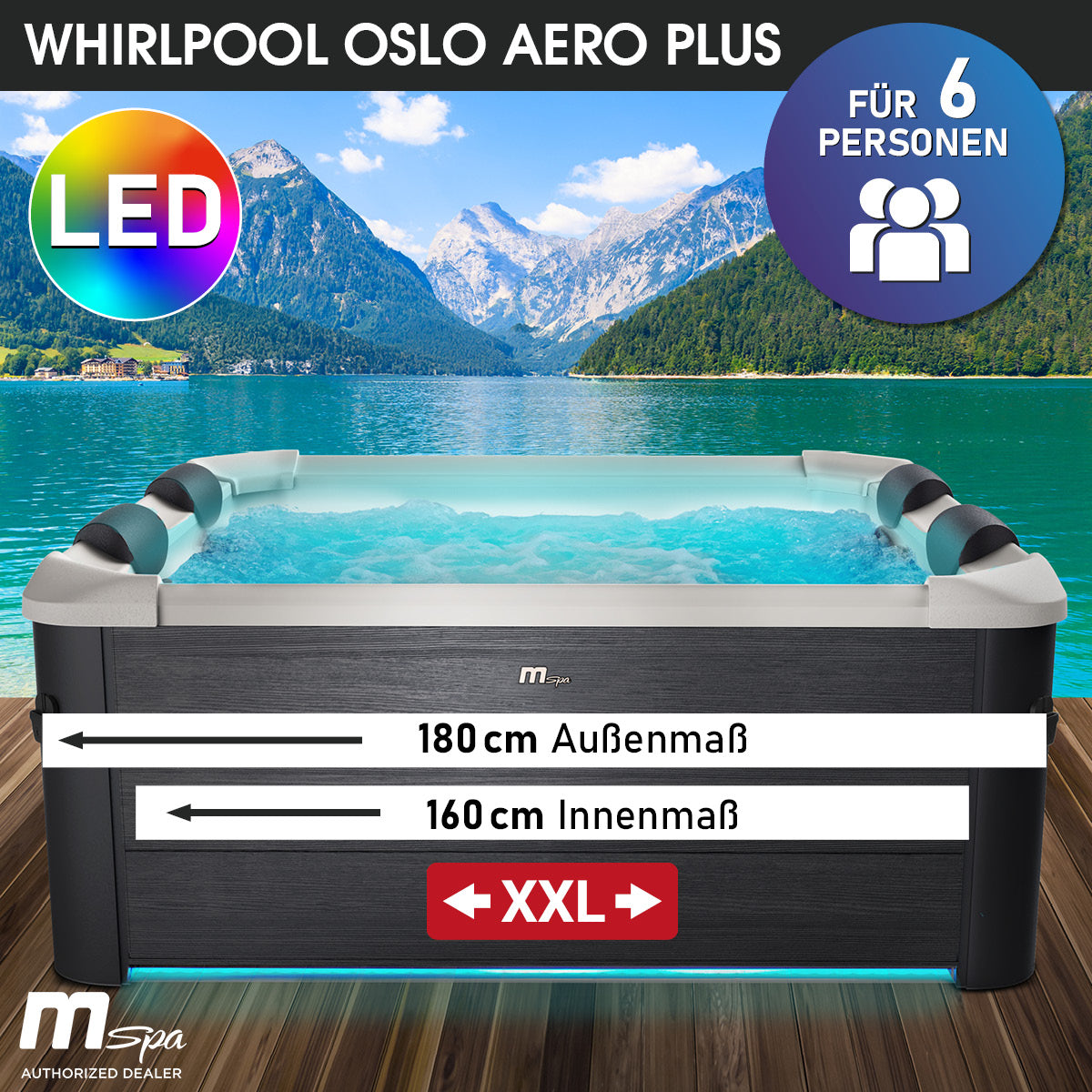 Eckiger grauer Whirlpool für 6 Personen mit blauer LED-Beleuchtung, Wasser und Kopfstützen.