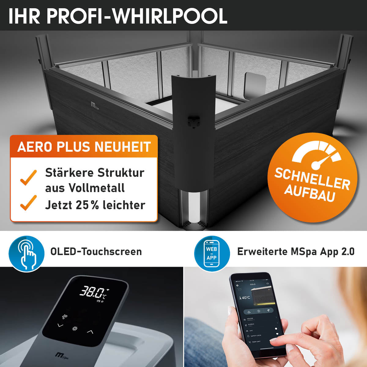 Eckiger, dunkelgrauer 6-Personen-Whirlpool mit LED und OLED-Touchscreen-Bedienfeld.
