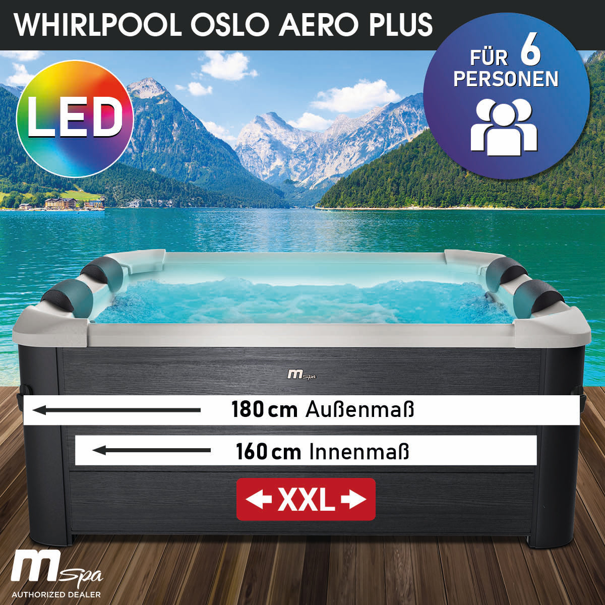 Eckiger schwarzer Whirlpool mit grauen Kopfstützen, LED-Beleuchtung, Platz für 6 Personen, Außenmaß 180x180 cm.