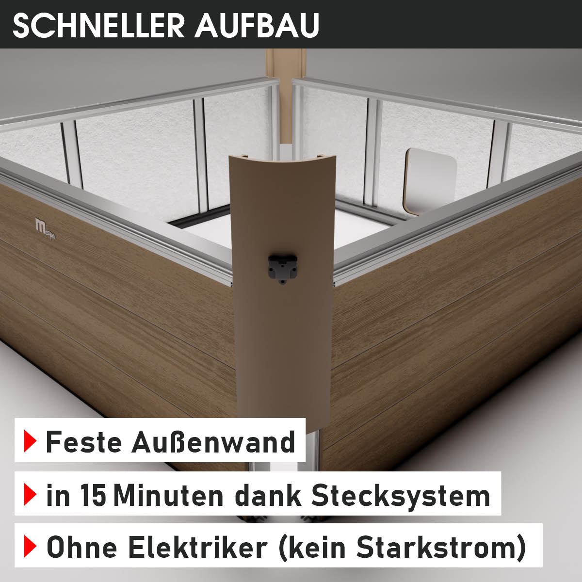 Braunes MSpa Whirlpoolmodul mit stabiler Außenwand und Schnellaufbau-Stecksystem in moderner Ecke.