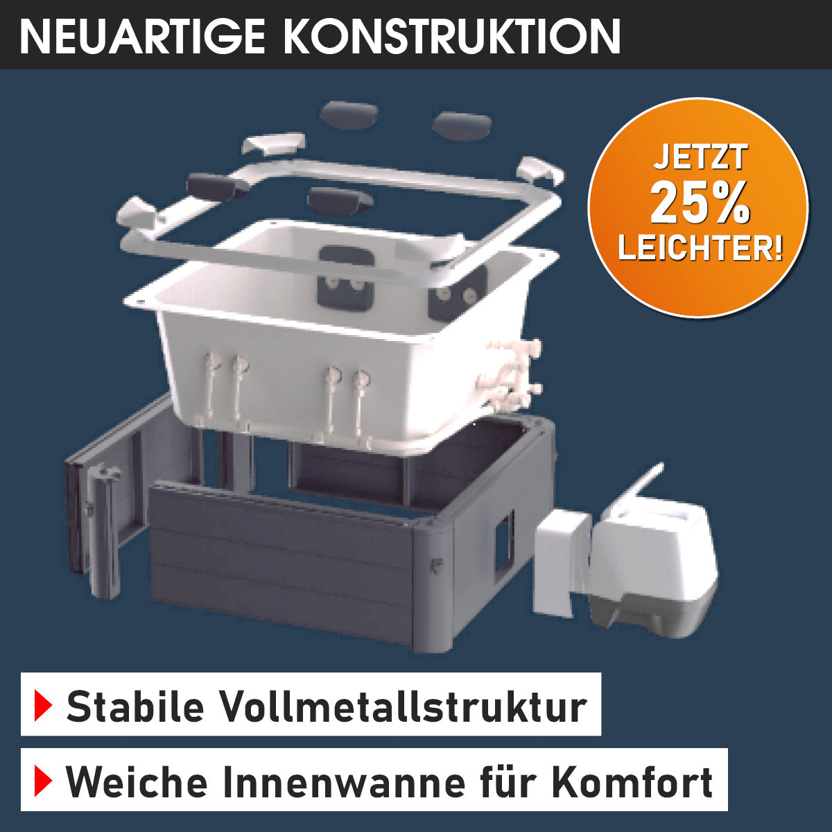 Explosionsdarstellung eines grauen MSpa Whirlpools mit stabiler Metallstruktur und weicher Innenwanne.
