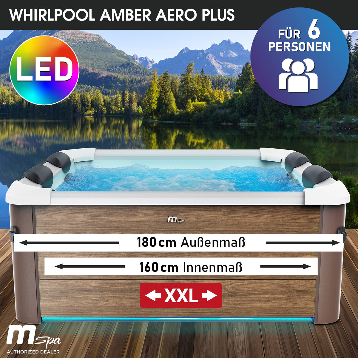 Rechteckiger MSpa Whirlpool Amber Aero Plus in Holzoptik für 6 Personen mit blauer LED-Beleuchtung und Kopfstützen.
