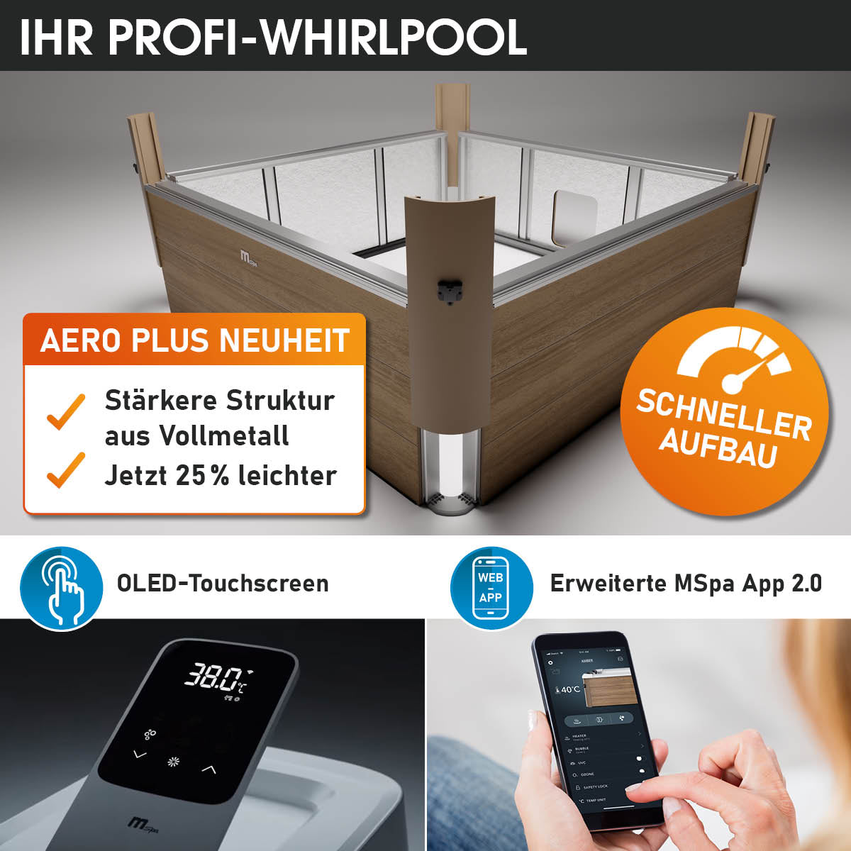 Brauner MSpa Whirlpool für 6 Personen mit OLED-Touchscreen und stabiler Metallstruktur, Smartphone-Steuerung sichtbar.