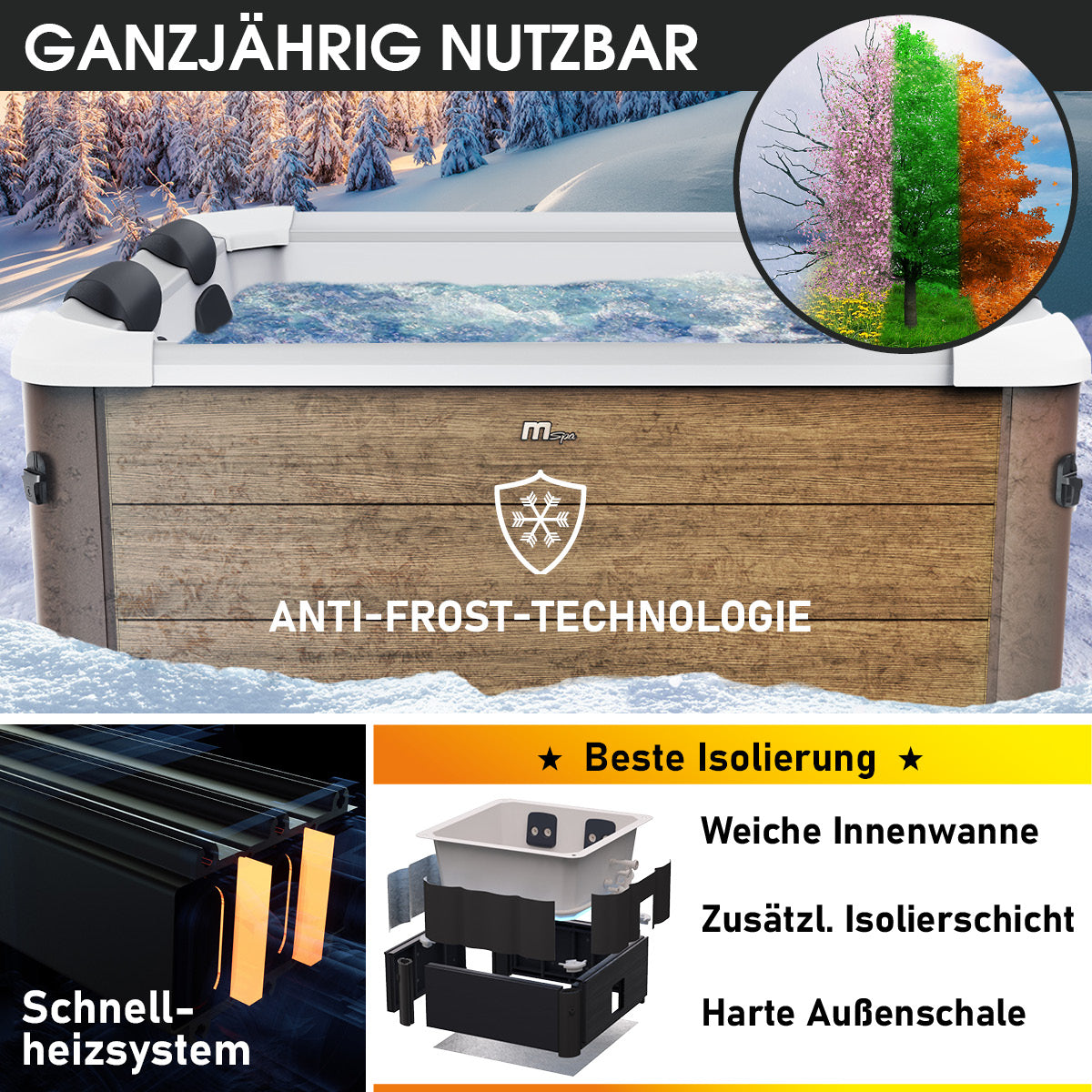 Sechssitziger MSpa Whirlpool Amber Aero Plus mit Holzoptik, LED-Beleuchtung und Anti-Frost-Technologie.