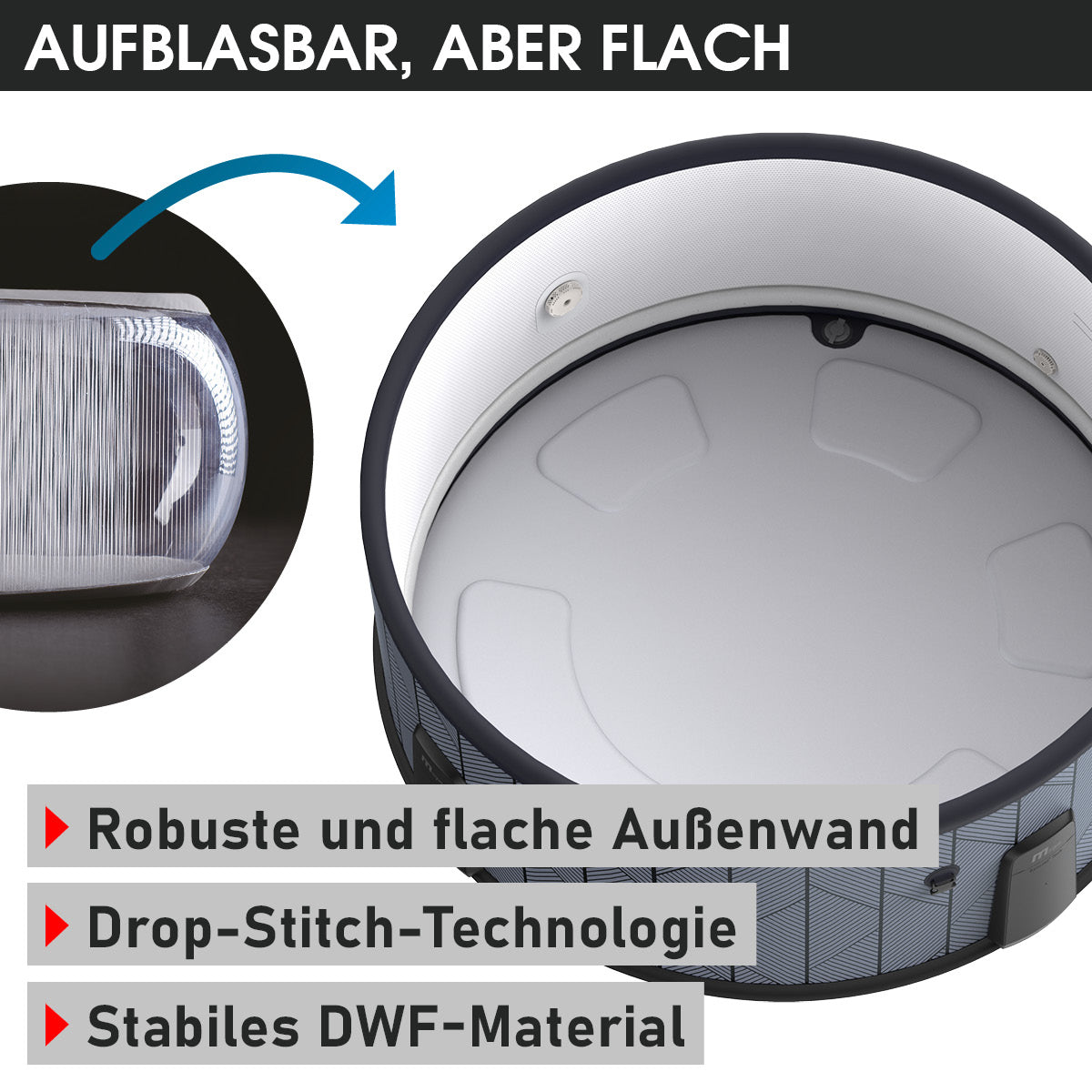 Runder schwarzer aufblasbarer Whirlpool mit flacher Außenwand und stabiler grauer Innenfläche.