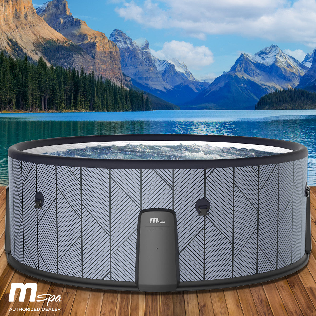 Runder aufblasbarer Whirlpool für 6 Personen mit grauem Muster und schwarzem Rand.