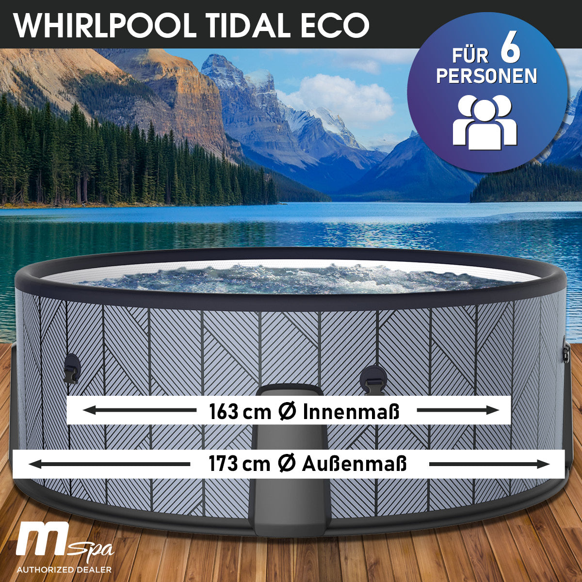 Runder aufblasbarer Whirlpool für 6 Personen mit grauem, strukturiertem Außenmaterial und schwarzem Rand.