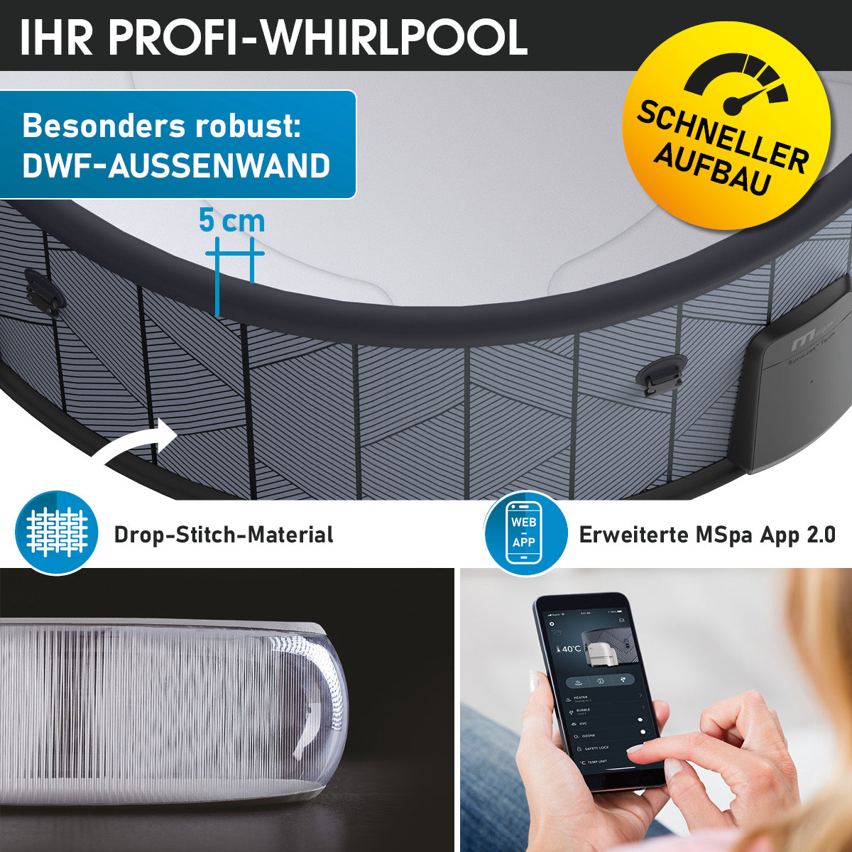 Runder schwarzer aufblasbarer Whirlpool mit 5 cm DWF-Außenwand und Smartphone-App-Steuerung.