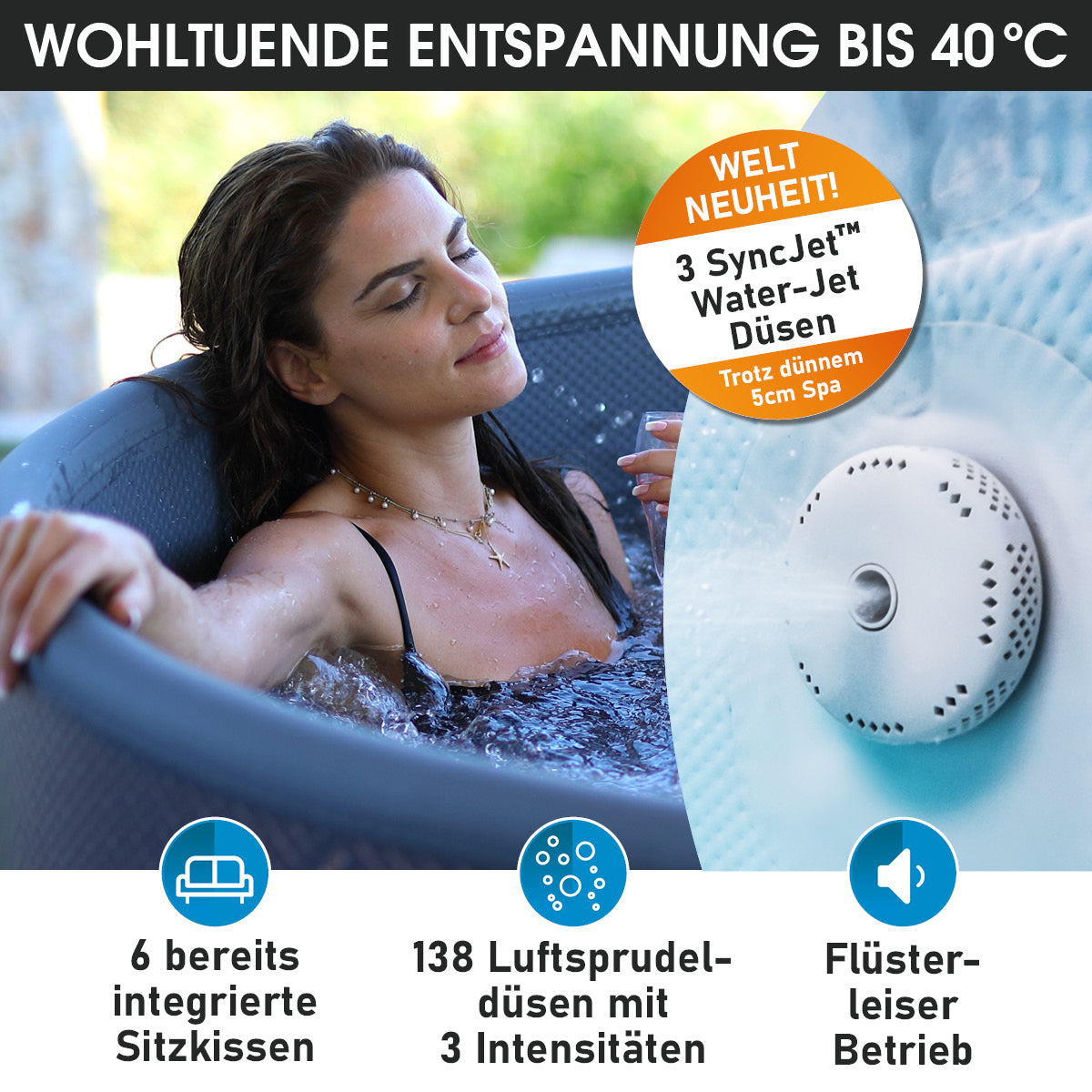 Aufblasbarer blauer Whirlpool TIDAL ECO für 6 Personen mit integrierten Wasserstrahldüsen und Luftsprudelfunktion.
