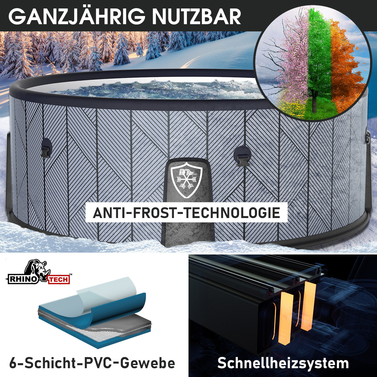 Runder aufblasbarer Whirlpool in Grau mit Anti-Frost-Technologie und Schnellheizsystem für 6 Personen.
