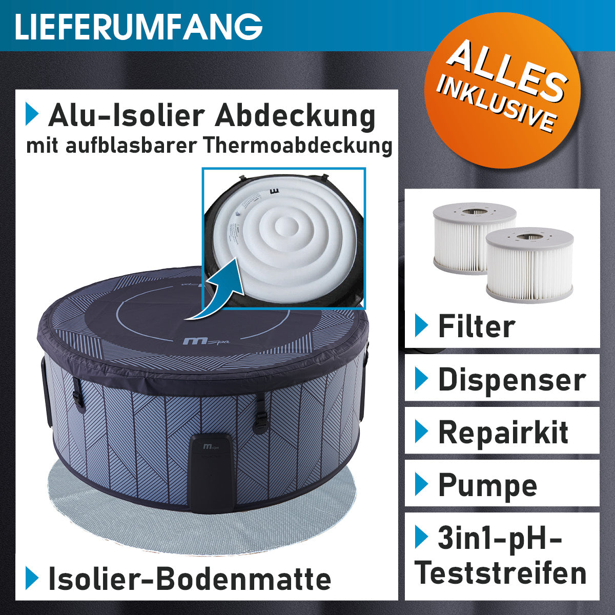 Aufblasbarer grauer runder Whirlpool mit Alu-Isolierabdeckung und Isolier-Bodenmatte, inklusive Filter, Dispenser,.