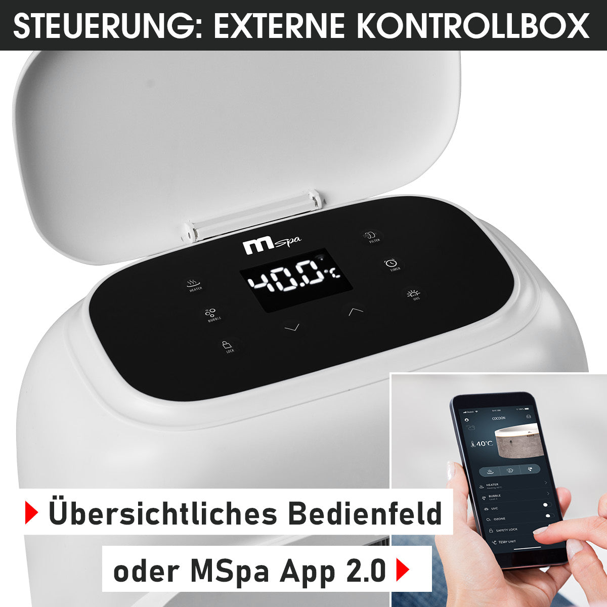 Weißer runder Whirlpool mit schwarzem, digitalem Bedienfeld und App-Steuerung auf Smartphone.