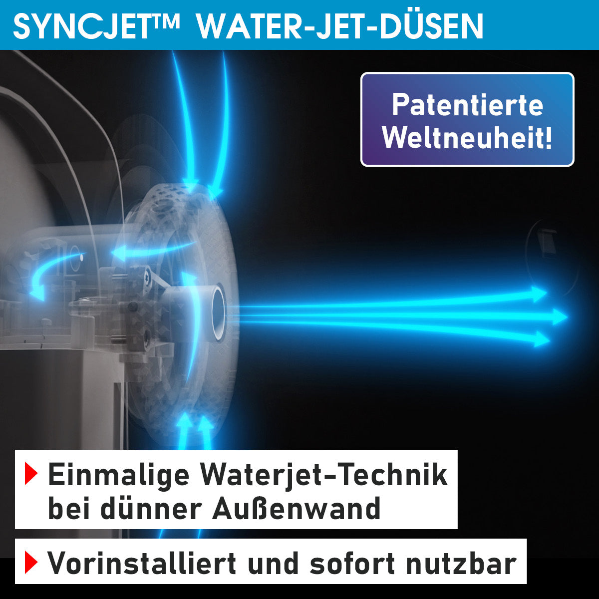 Whirlpool COCOON ECO mit patentierter SyncJet Water-Jet-Düsentechnologie, blau leuchtend.
