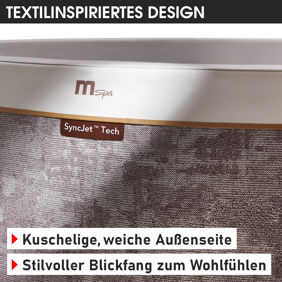Weicher, textilähnlicher grauer Außenbezug mit weißem Rand und braunem MSpa-Logo.
