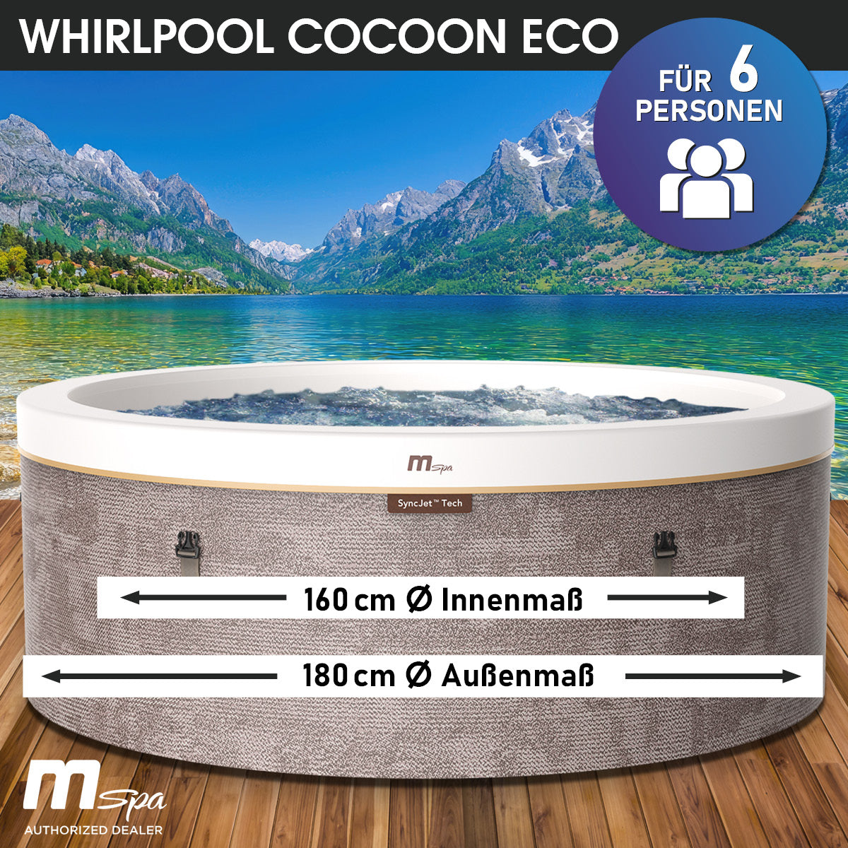 Runder Whirlpool für 6 Personen mit 160 cm Innen- und 180 cm Außendurchmesser, halbfeste Umrandung in Holzoptik.