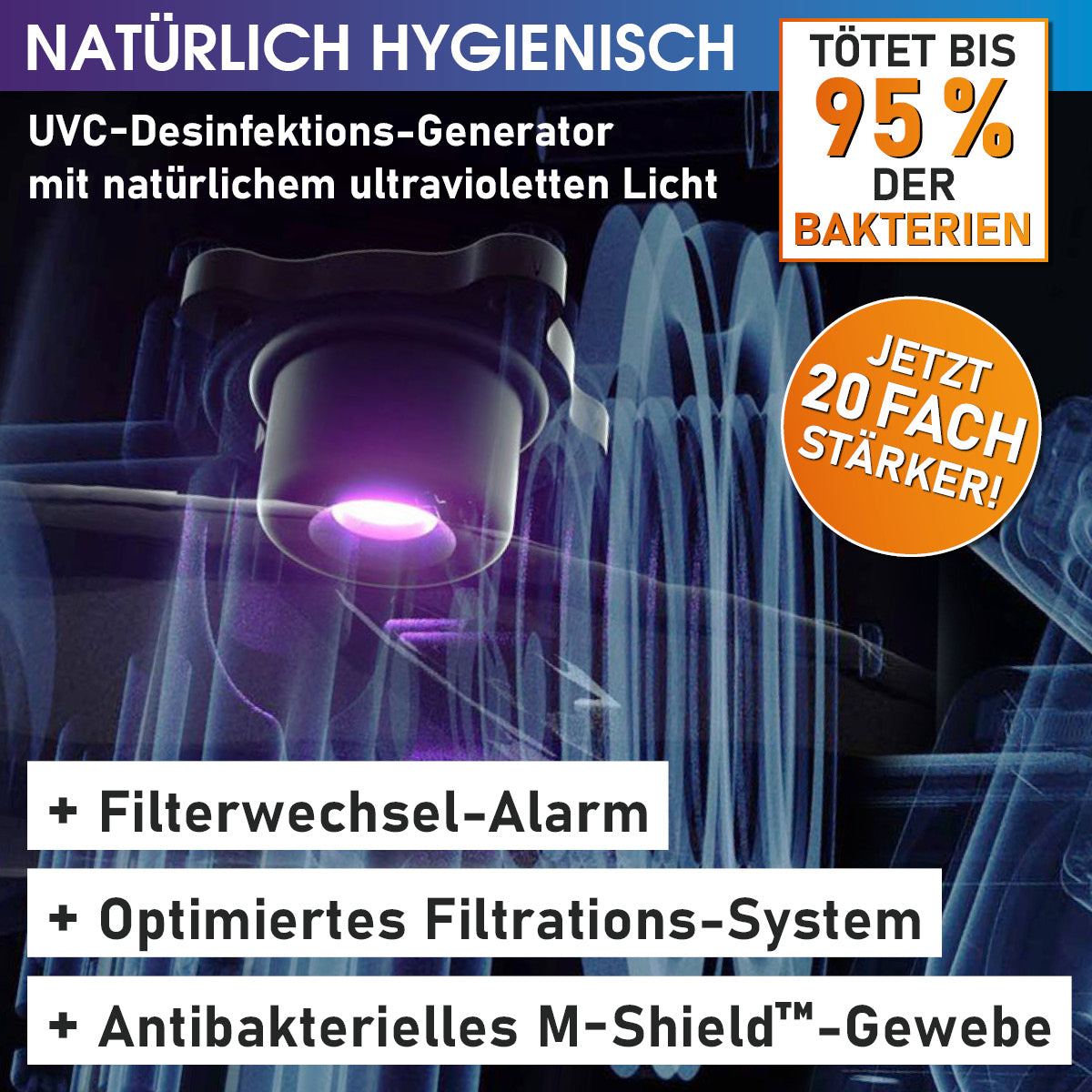 Runder halbtransparenter Whirlpool mit violett leuchtendem UVC-Desinfektions-Generator und Textinlays zu Hygienefunktionen.