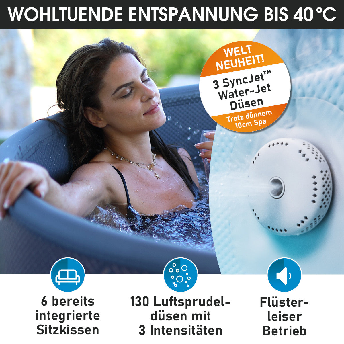 Runder brauner 6-Personen-Whirlpool mit Wasserjet-Düse und Rückenlehne.