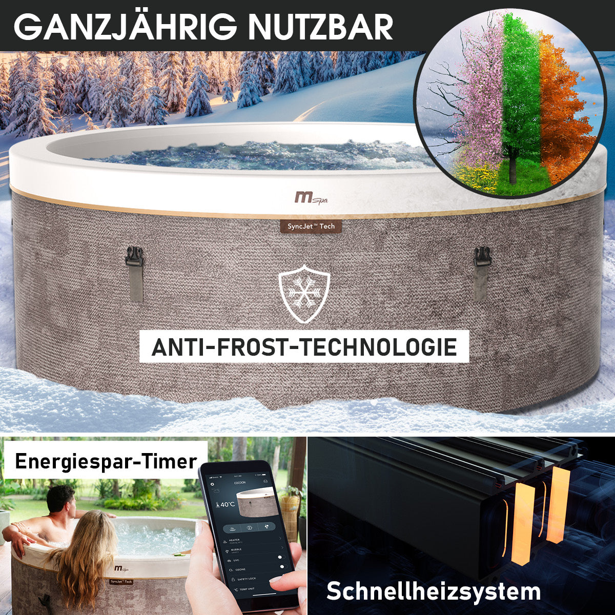 Runder grauer 6-Personen Whirlpool mit LED-Beleuchtung und Anti-Frost-Technologie, halbsteife Außenhülle.