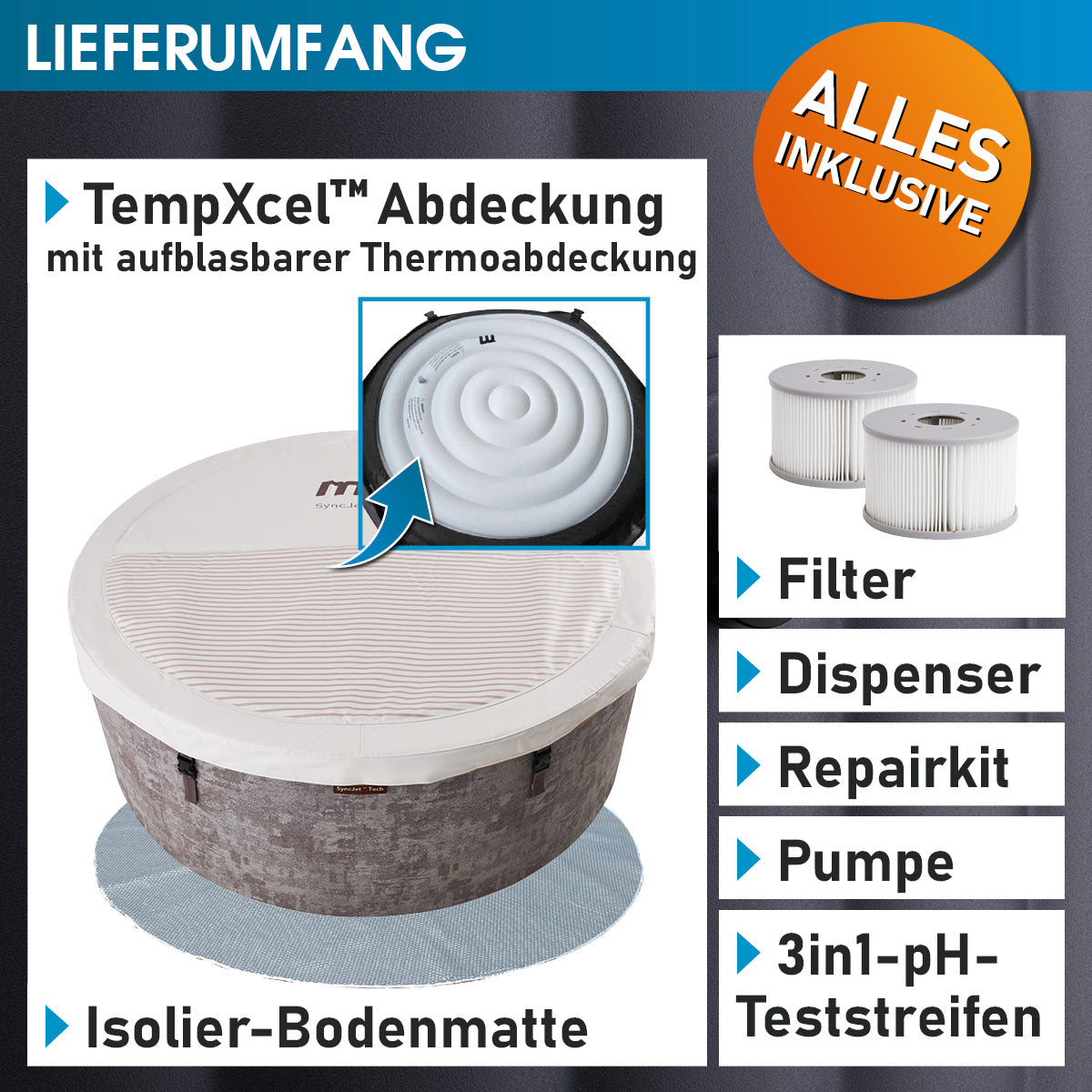 Runder 6-Personen Whirlpool mit Thermoabdeckung, Filter, Pumpe und Isoliermatte in Holzoptik.