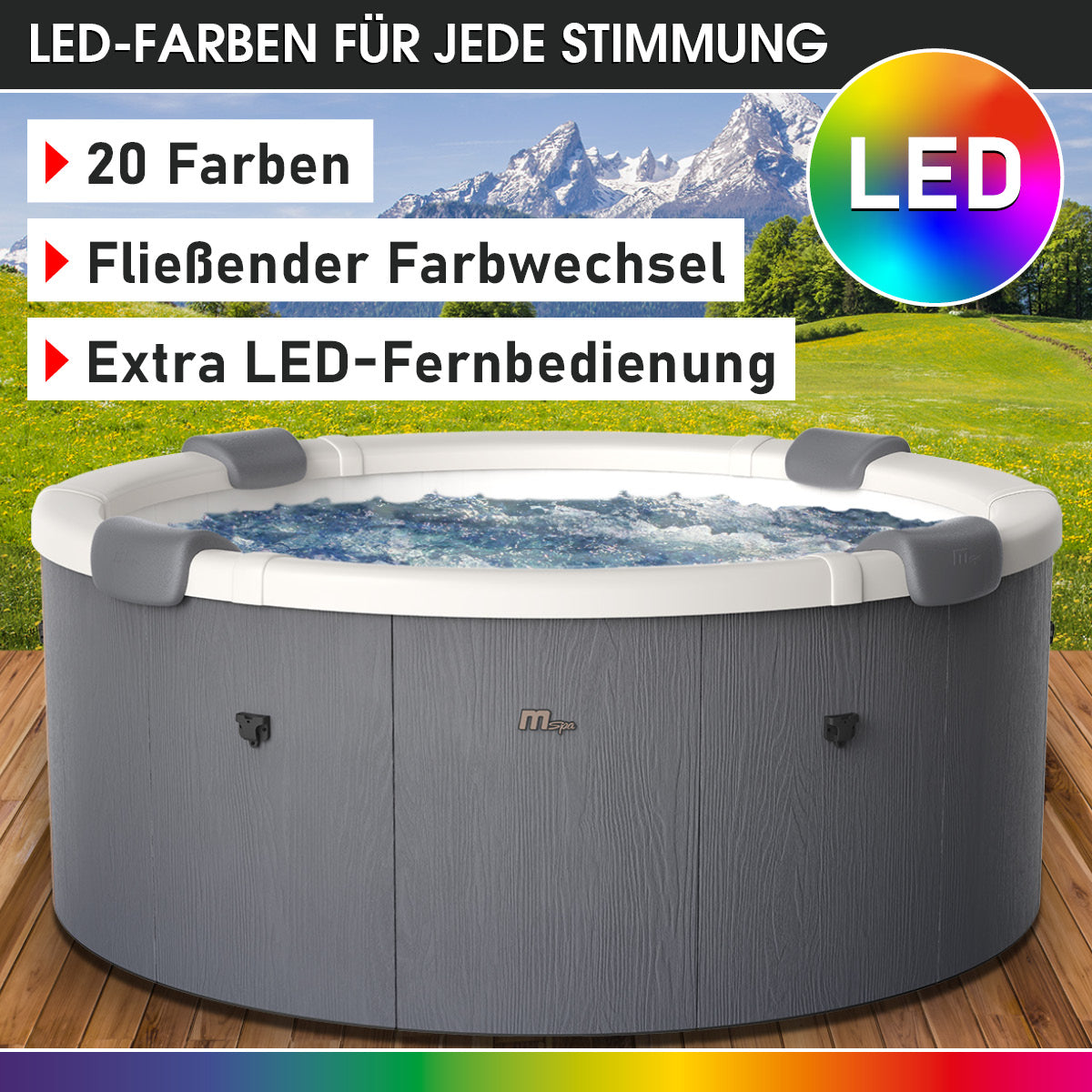 Runder grauer BRAST MSpa Whirlpool für 6 Personen mit sprudelndem Wasser und LED-Farblichtern.