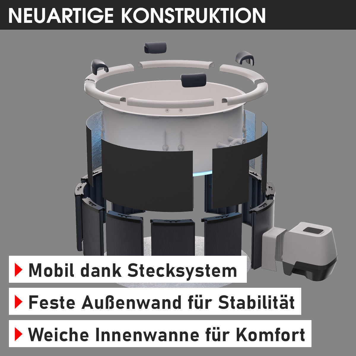Runder grauer Whirlpool mit sechs separaten Sitzen und schwarzen Kopfstützen, modularer Aufbau.