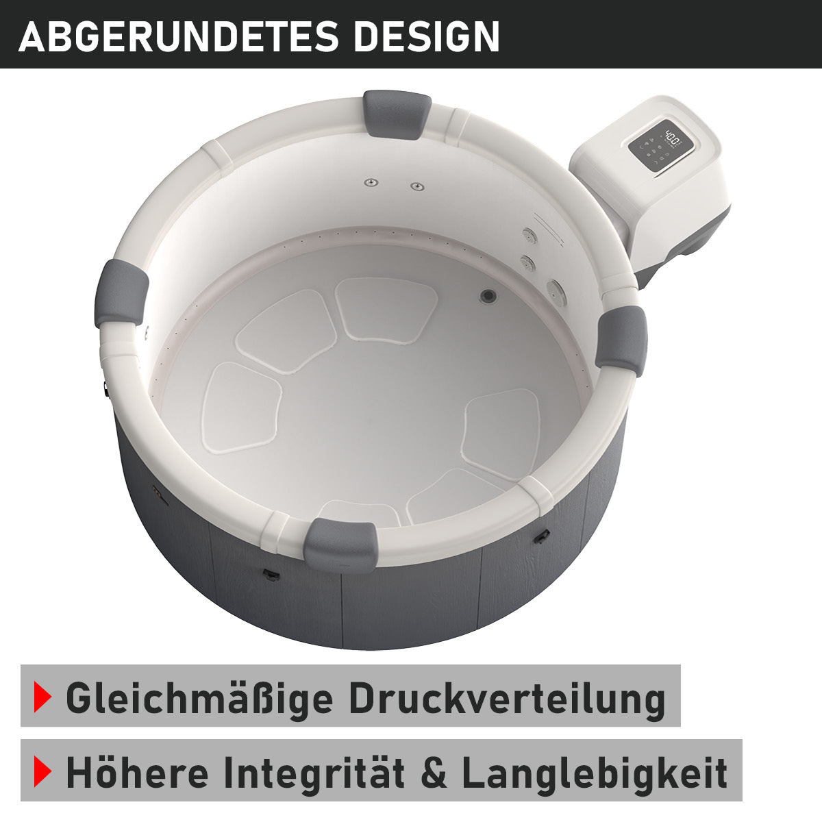 Runder weißer und grauer 6-Personen Whirlpool mit gepolsterten Kopfstützen und digitaler Steuerung.