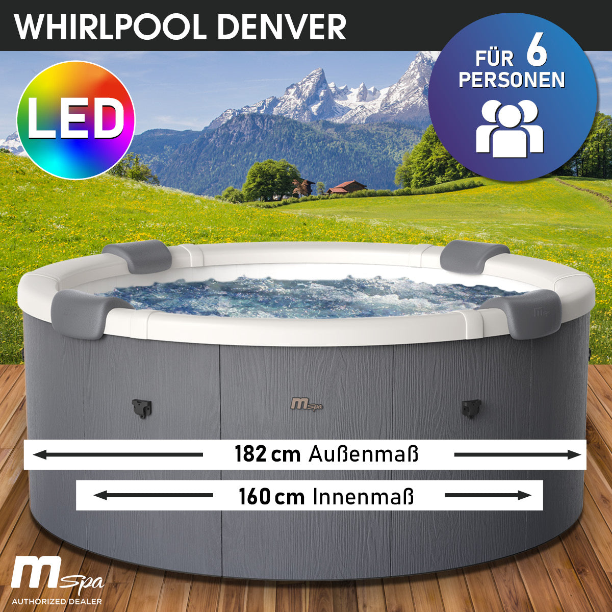 Runder grauer Whirlpool mit LED-Beleuchtung, Platz für 6 Personen, Außendurchmesser 182 cm, Innenmaß 160 cm, halbsteif, mit.