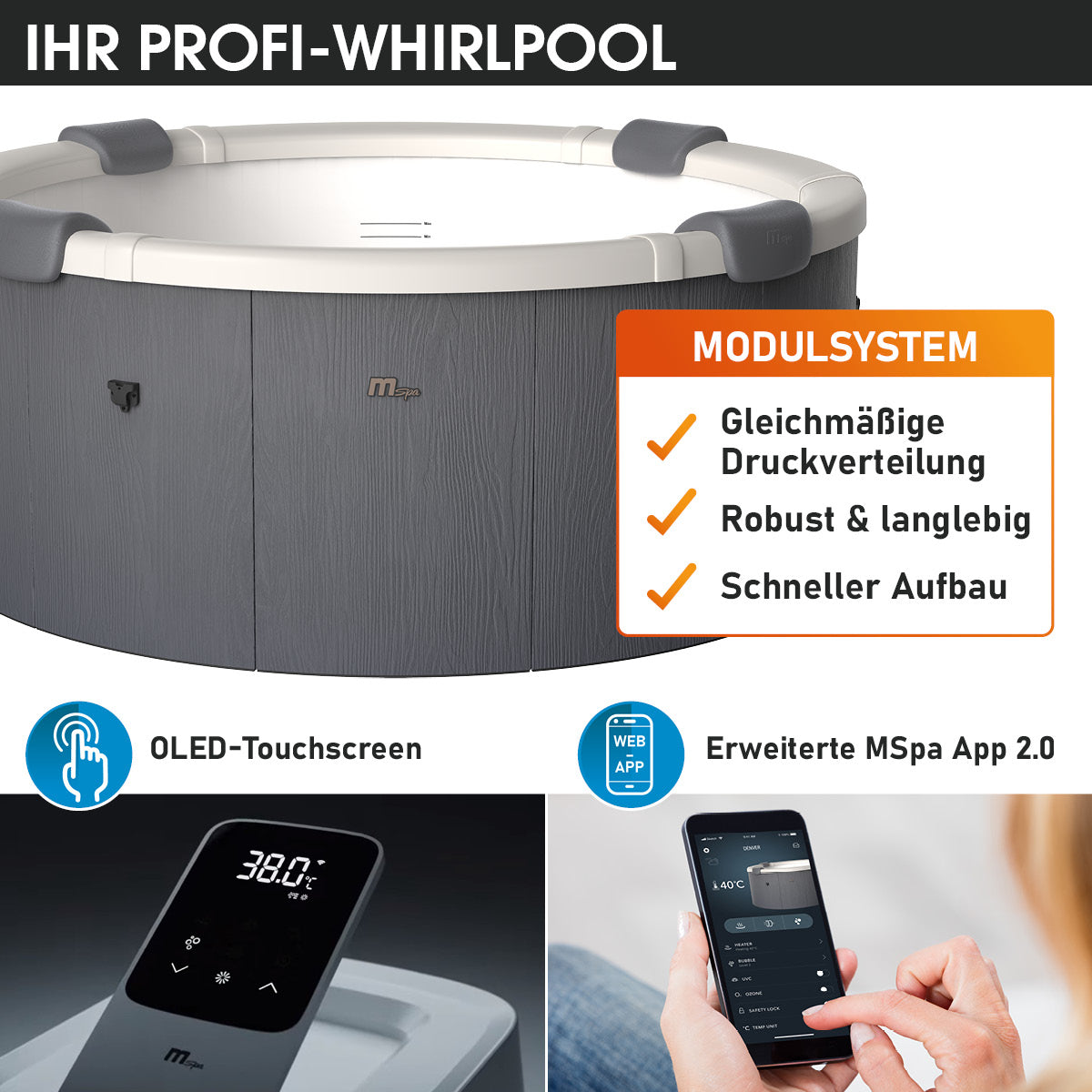 Runder grauer Whirlpool für 6 Personen mit gepolsterten Nackenstützen und LED-Beleuchtung.