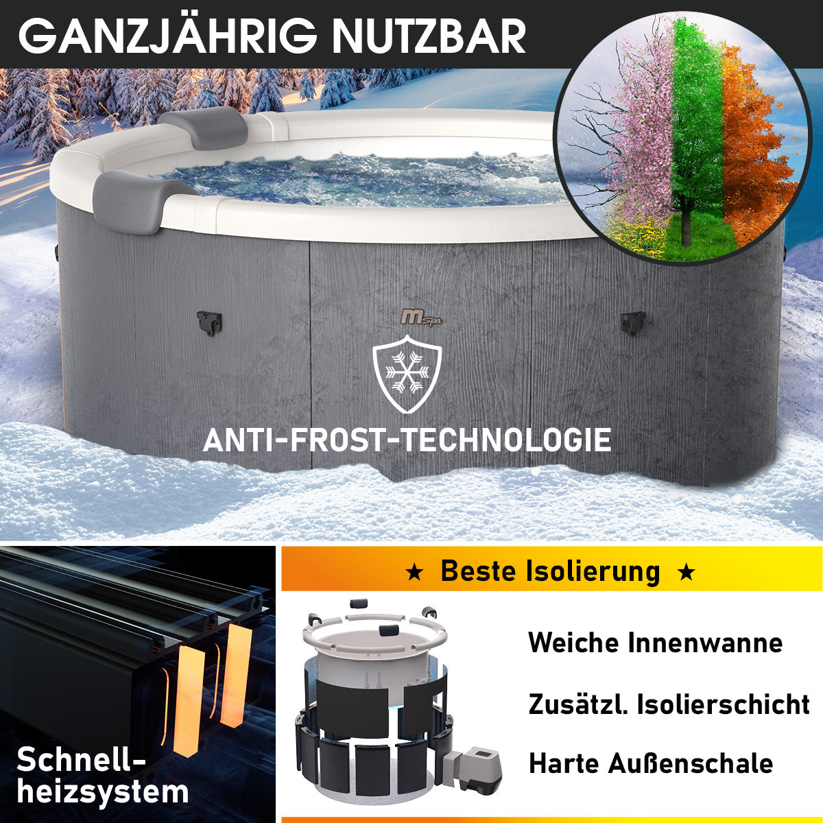 Runder grauer Whirlpool für 6 Personen mit bläulichem Wasser und Kopfstützen, umgeben von Schnee.