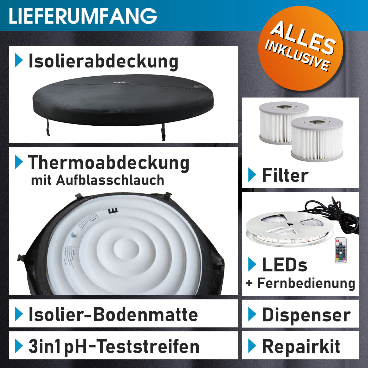 Zubehör für runden BRAST MSpa Whirlpool, inkl. Isolierabdeckung, Thermoabdeckung, Filter, LED-Beleuchtung und Zubehörset.