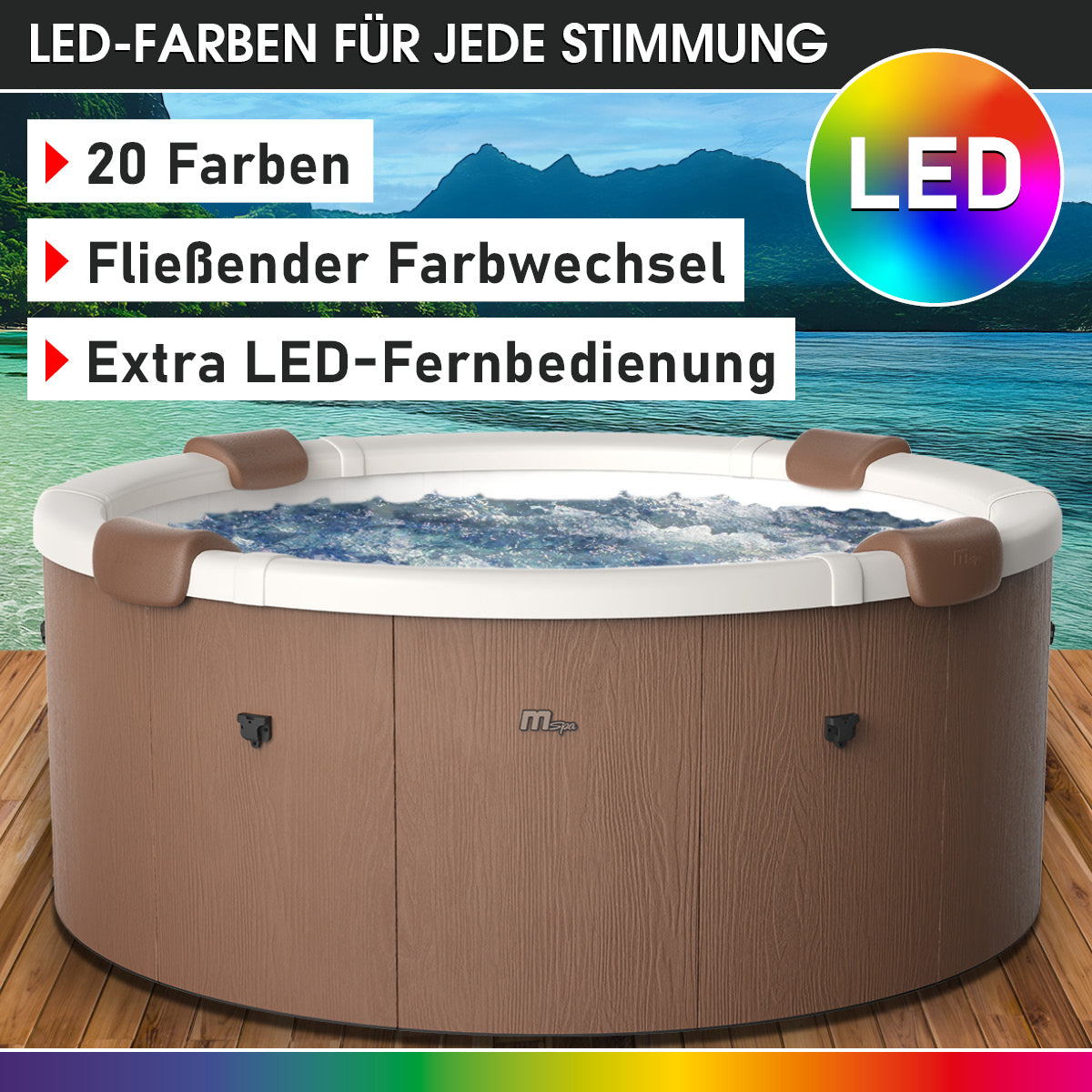 Brauner runder Whirlpool für 6 Personen mit LED-Beleuchtung und gepolsterten Kopfstützen.