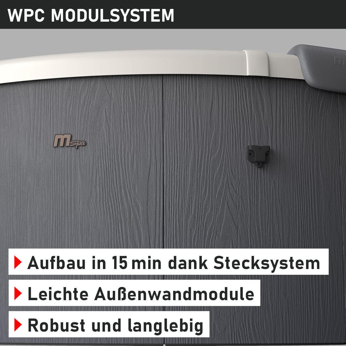 Runder grauer WPC-Whirlpool mit Holzstruktur und robustem Stecksystem, 6 Personen.