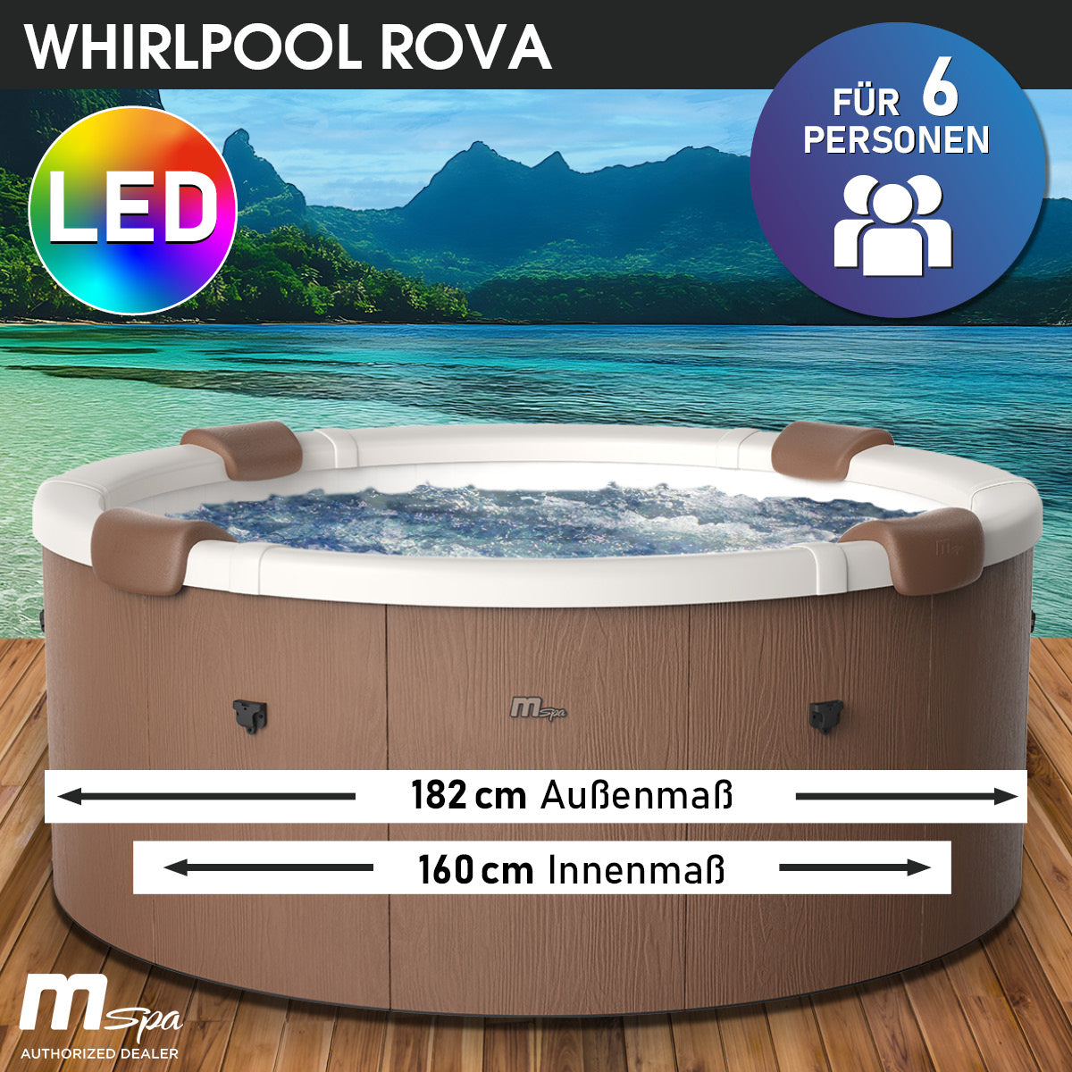 Runder brauner MSpa Whirlpool für 6 Personen mit LED-Beleuchtung und gepolsterten Kopfstützen.