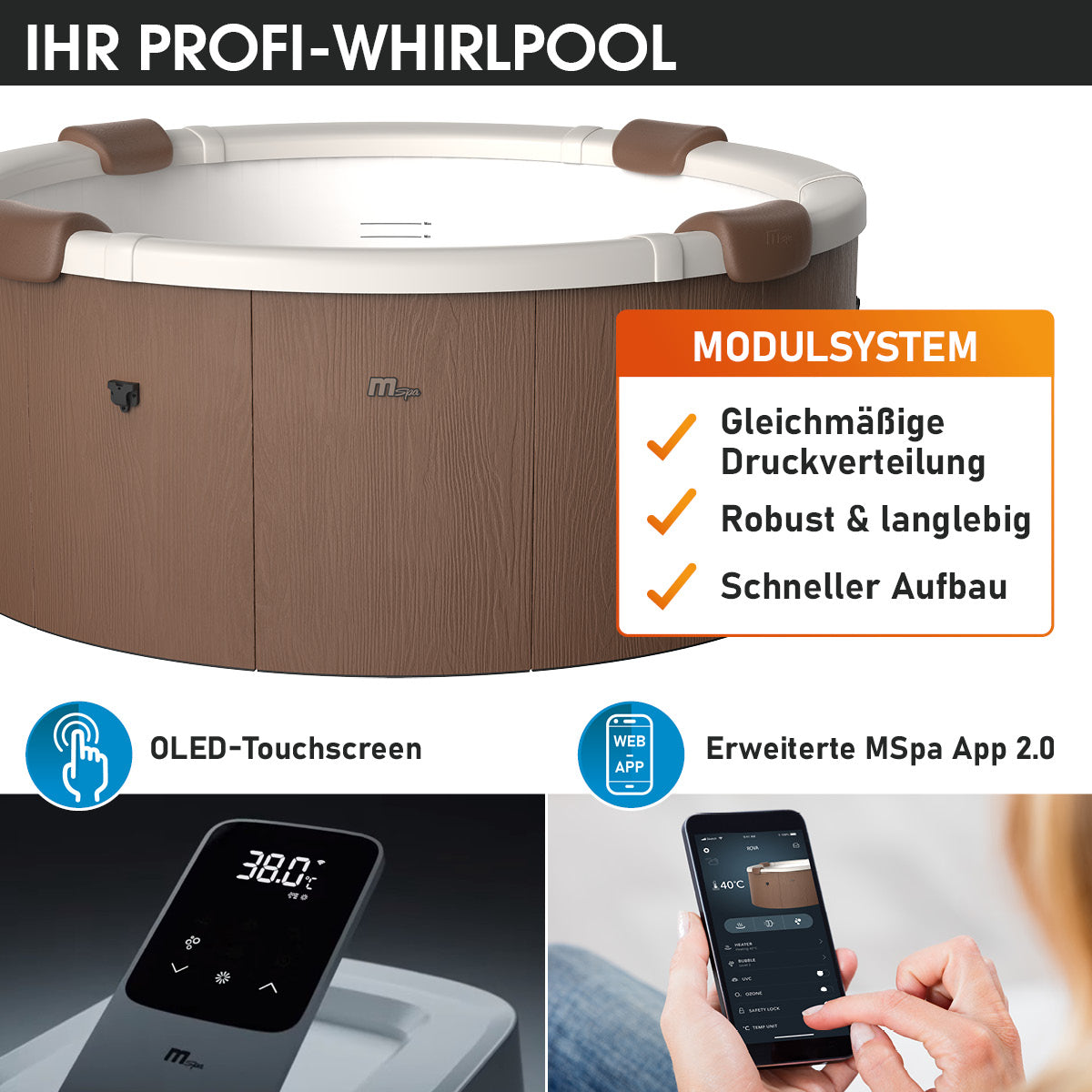 Runder 6-Personen-Whirlpool mit braunem Holzoptik-Außengehäuse und weißem Innenbecken, OLED-Touchscreen-Bedienfeld und.