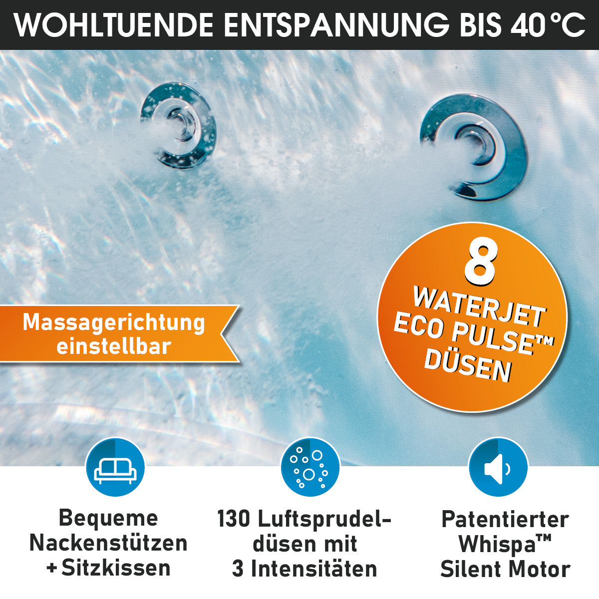 Rundes halbfestes 6-Personen Whirlpool mit einstellbaren Massagedüsen und LED-Beleuchtung.
