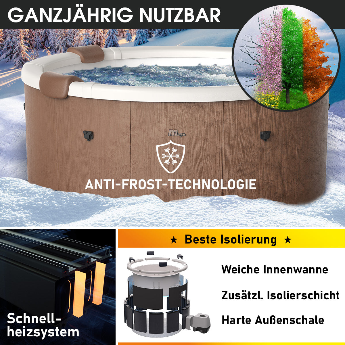 Brauner runder 6-Personen-Whirlpool mit Anti-Frost-Technologie und LED-Beleuchtung.