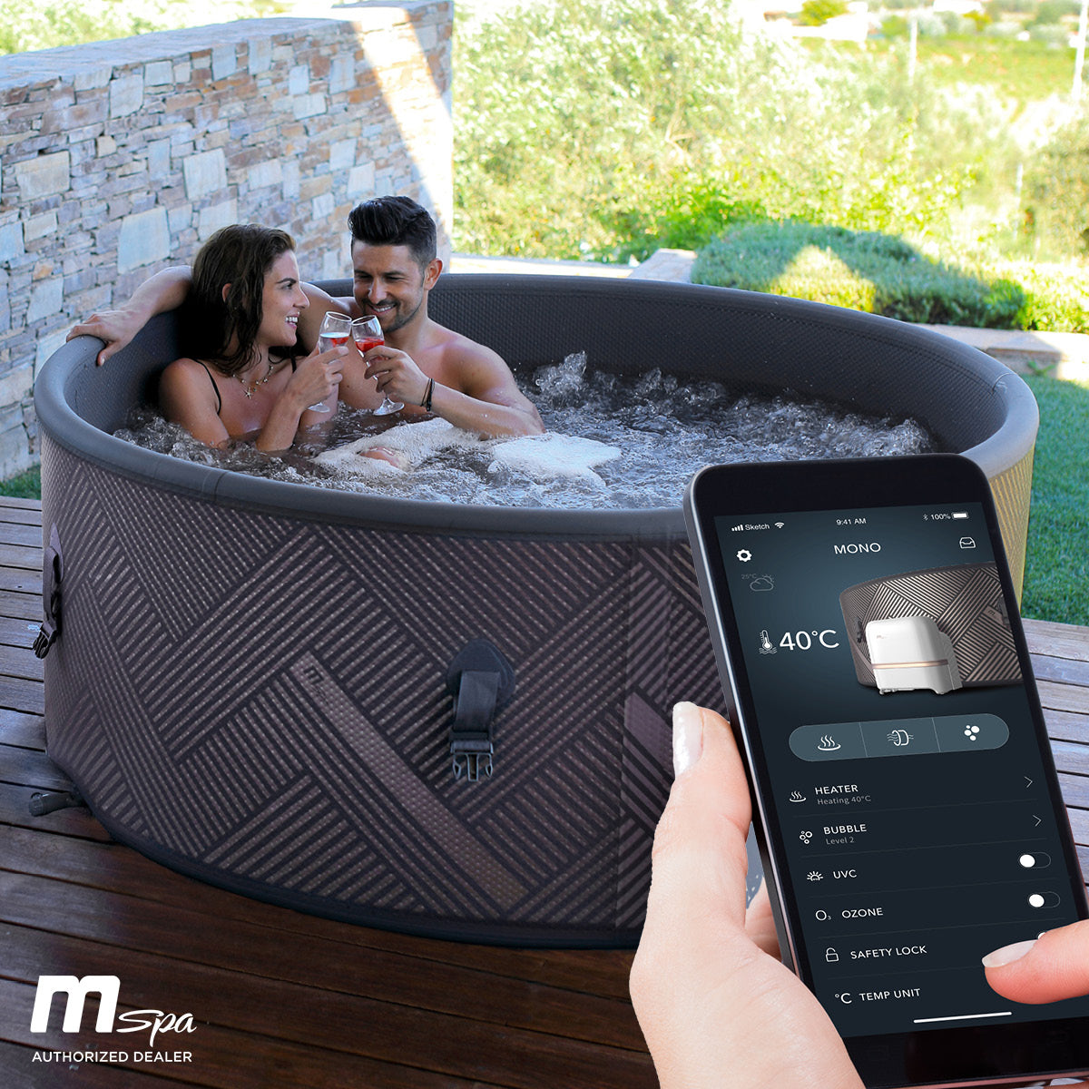 Runder aufblasbarer Whirlpool in Dunkelbraun mit Muster, sechs Personen, Smartphone-Steuerung sichtbar.