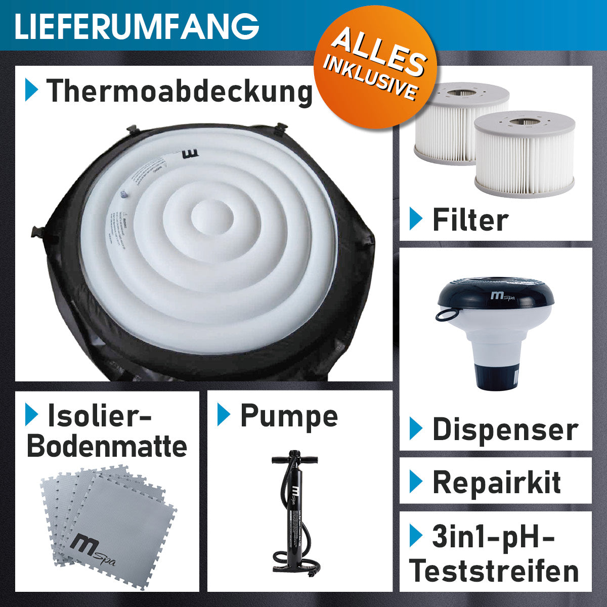 Aufblasbarer runder Whirlpool mit Thermoabdeckung, Pumpe, Filter und Reparaturset, 6 Personen.