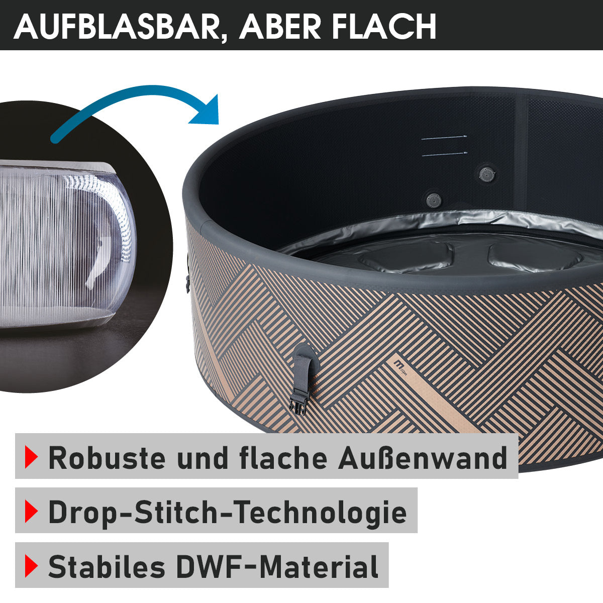 Runder aufblasbarer Whirlpool in Braun mit flacher Außenwand und Muster, offen mit Wasserfüllung.