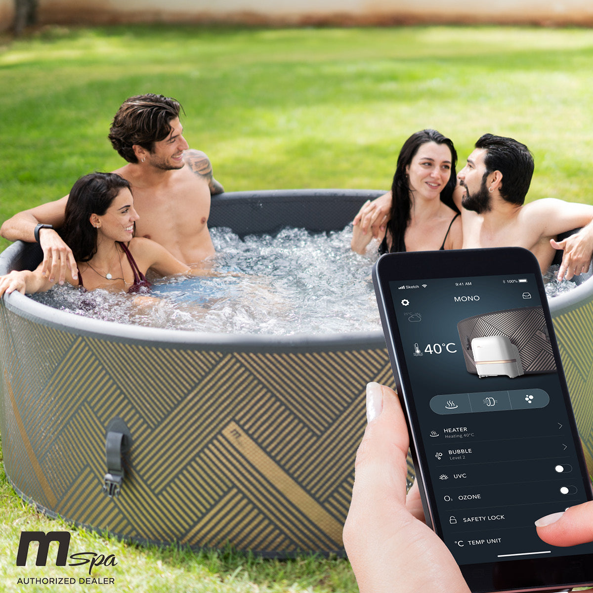 Aufblasbarer runder 8-Personen-Whirlpool mit braunem Chevron-Muster und steuerbarer Temperatur via Smartphone-App.