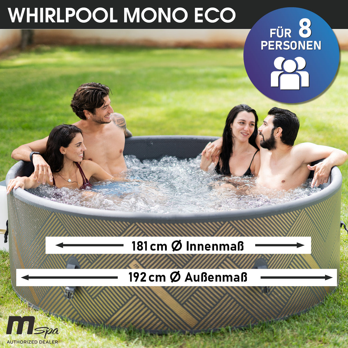 Runder aufblasbarer Whirlpool in Grau mit Holzoptik für 8 Personen, 181 cm Innen- und 192 cm Außendurchmesser, mit.